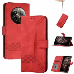 For Realme 12+ 5G Global Cubic Skin Feel Flip Leather Phone Case(Red)