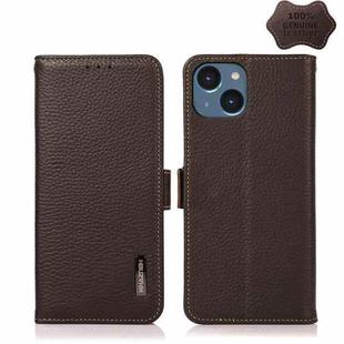 For iPhone 15 KHAZNEH Side-Magnetic Litchi Genuine Leather RFID Phone Case(Brown)