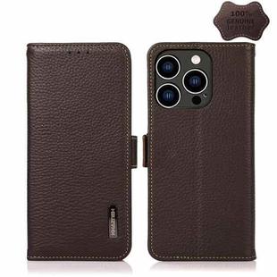 For iPhone 15 Pro Max KHAZNEH Side-Magnetic Litchi Genuine Leather RFID Phone Case(Brown)