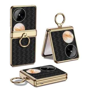 For Huawei Pocket 2 GKK Magnetic Shaft Electroplated Plain Leather Woven Texture Phone Case with Ring(Black)