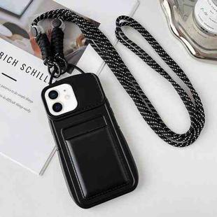 For iPhone 11 Metallic Paint Skin Feel Full Coverage Shockproof Phone Case with Card Bag + Lanyard(Black)