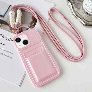 For iPhone 13 Metallic Paint Skin Feel Full Coverage Shockproof Phone Case with Card Bag + Lanyard(Pink)
