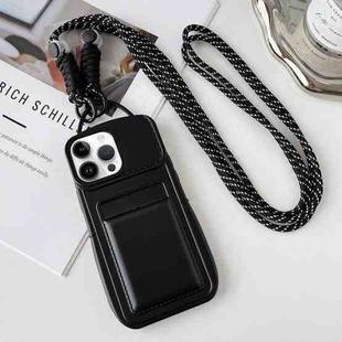 For iPhone 13 Pro Max Metallic Paint Skin Feel Full Coverage Shockproof Phone Case with Card Bag + Lanyard(Black)