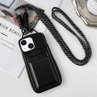 For iPhone 14 Plus Metallic Paint Skin Feel Full Coverage Shockproof Phone Case with Card Bag + Lanyard(Black)