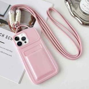 For iPhone 14 Pro Metallic Paint Skin Feel Full Coverage Shockproof Phone Case with Card Bag + Lanyard(Pink)