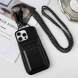 For iPhone 15 Pro Max Metallic Paint Skin Feel Full Coverage Shockproof Phone Case with Card Bag + Lanyard(Black)