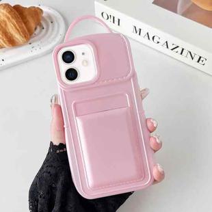 For iPhone 12 Metallic Paint Skin Feel Full Coverage Shockproof Phone Case with Card Bag(Pink)