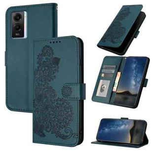 For vivo Y55s 2023 5G/Y55 5G Global Datura Flower Embossed Flip Leather Phone Case(Dark Green)