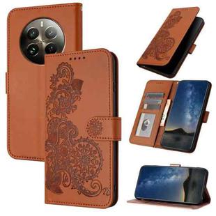 For Realme 12+ 5G Global Datura Flower Embossed Flip Leather Phone Case(Brown)