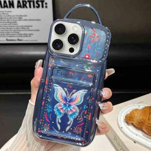 For iPhone 15 Pro Max Electroplated Card Slot Laser Butterfly Cardboard TPU Phone Case(Blue)