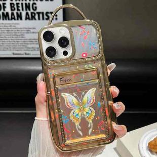 For iPhone 15 Pro Electroplated Card Slot Laser Butterfly Cardboard TPU Phone Case(Gold)