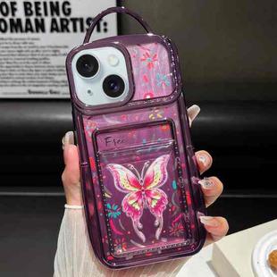 For iPhone 15 Electroplated Card Slot Laser Butterfly Cardboard TPU Phone Case(Purple)