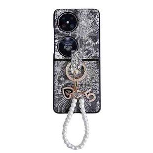 For Huawei P50 Pocket Embroidery Style Full Coverage Phone Case with Ring Bead Chain(Black)