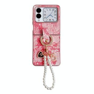 For Huawei nova Flip Embroidery Style Full Coverage Phone Case with Ring Bead Chain(Pink)