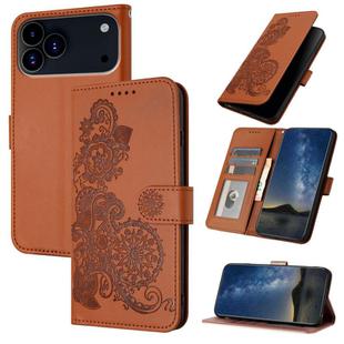 For iPhone 17 Pro Datura Flower Embossed Flip Leather Phone Case(Brown)