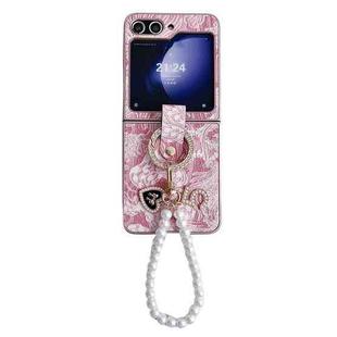 For Samsung Galaxy Z Flip5 Embroidery Style Full Coverage Phone Case with Ring Bead Chain(Pink)