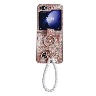 For Samsung Galaxy Z Flip5 Embroidery Style Full Coverage Phone Case with Ring Bead Chain(Orange)