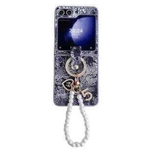 For Samsung Galaxy Z Flip5 Embroidery Style Full Coverage Phone Case with Ring Bead Chain(Blue)