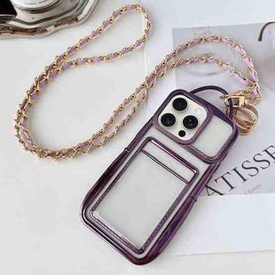 For iPhone 15 Pro Max Electroplated Clear Card Slot TPU Phone Case with Crossbody Chain(Purple)