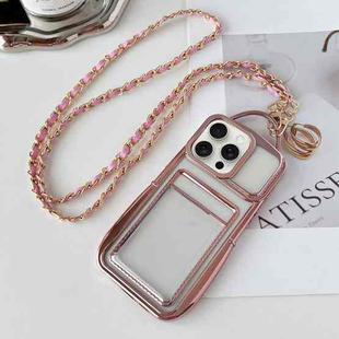 For iPhone 15 Pro Max Electroplated Clear Card Slot TPU Phone Case with Crossbody Chain(Pink)