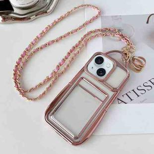 For iPhone 14 Plus Electroplated Clear Card Slot TPU Phone Case with Crossbody Chain(Pink)
