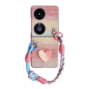 For Huawei P50 Pocket Illusory Color Leather Texture PC Phone Case with Color Strap(Pink)