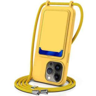 For iPhone 15 Pro Max Integrated Card Bag Solid Color Liquid Silicone Phone Case with Lanyard(Yellow)