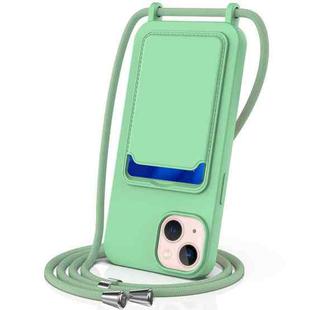 For iPhone 15 Integrated Card Bag Solid Color Liquid Silicone Phone Case with Lanyard(Green)