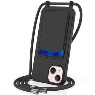 For iPhone 15 Integrated Card Bag Solid Color Liquid Silicone Phone Case with Lanyard(Black)