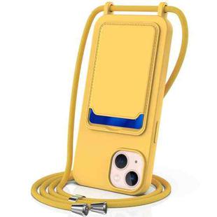 For iPhone 14 Integrated Card Bag Solid Color Liquid Silicone Phone Case with Lanyard(Yellow)