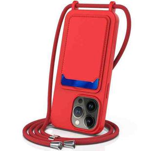 For iPhone 14 Pro Integrated Card Bag Solid Color Liquid Silicone Phone Case with Lanyard(Red)