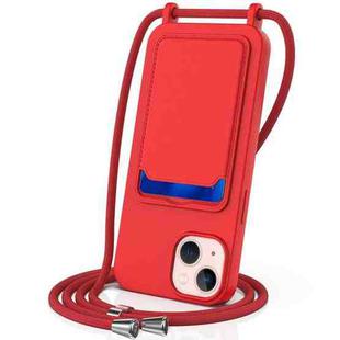 For iPhone 13 Integrated Card Bag Solid Color Liquid Silicone Phone Case with Lanyard(Red)