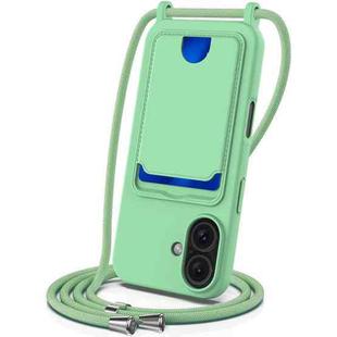 For iPhone 16 Plus Integrated Card Bag Solid Color Liquid Silicone Phone Case with Lanyard(Green)