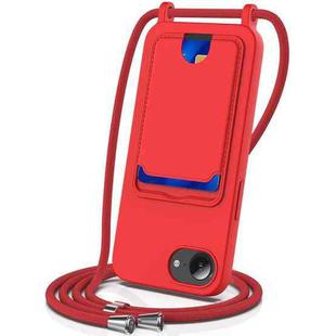 For iPhone 16e Integrated Card Bag Solid Color Liquid Silicone Phone Case with Lanyard(Red)