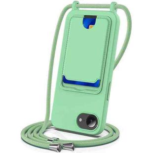 For iPhone 16e Integrated Card Bag Solid Color Liquid Silicone Phone Case with Lanyard(Green)