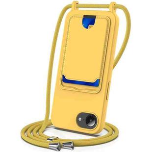 For iPhone 16e Integrated Card Bag Solid Color Liquid Silicone Phone Case with Lanyard(Yellow)