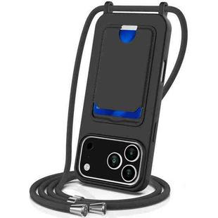 For iPhone 17 Pro Integrated Card Bag Solid Color Liquid Silicone Phone Case with Lanyard(Black)