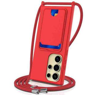 For Samsung Galaxy S23 Ultra 5G Integrated Card Bag Solid Color Liquid Silicone Phone Case with Lanyard(Red)