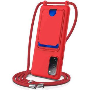 For Samsung Galaxy S20 FE Integrated Card Bag Solid Color Liquid Silicone Phone Case with Lanyard(Red)