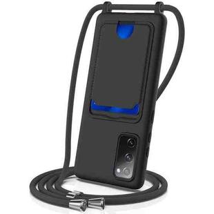 For Samsung Galaxy S20 FE Integrated Card Bag Solid Color Liquid Silicone Phone Case with Lanyard(Black)