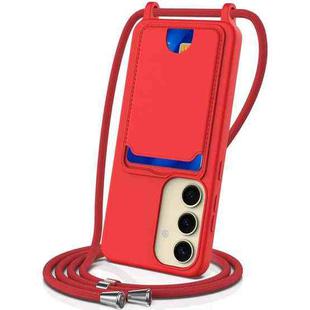 For Samsung Galaxy S23 FE 5G Integrated Card Bag Solid Color Liquid Silicone Phone Case with Lanyard(Red)