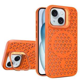 For iPhone 15 Hollow Cooling Lens Holder MagSafe Magnetic TPU Phone Case(Orange)