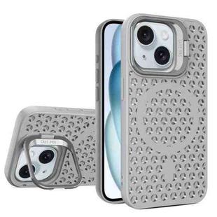For iPhone 15 Hollow Cooling Lens Holder MagSafe Magnetic TPU Phone Case(Grey)