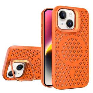 For iPhone 14 Plus Hollow Cooling Lens Holder MagSafe Magnetic TPU Phone Case(Orange)