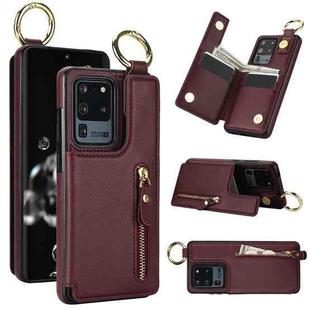 For Samsung Galaxy S20 Ultra Litchi Texture Zipper Double Buckle Card Bag Phone Case(Maroon Red)