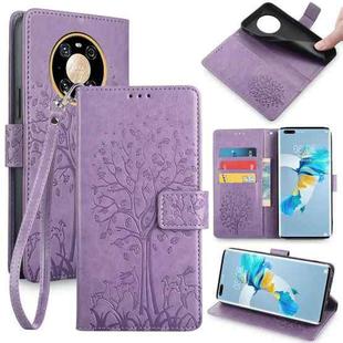 For Huawei Mate 40 Pro Tree & Deer Embossed Leather Phone Case(Purple)