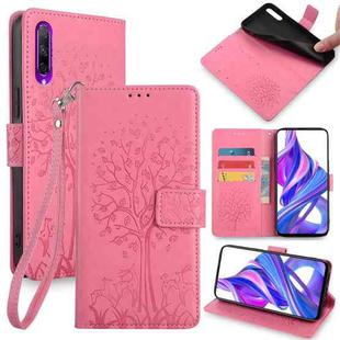 For Huawei Y9S Global Tree & Deer Embossed Leather Phone Case(Pink)