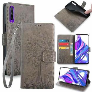 For Huawei P Smart Pro 2019 Tree & Deer Embossed Leather Phone Case(Grey)