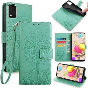 For LG K42 Tree & Deer Embossed Leather Phone Case(Green)