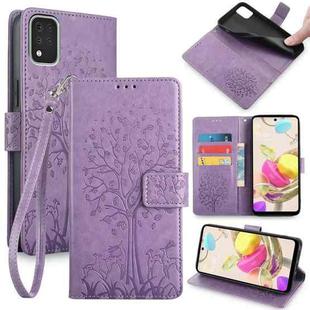 For LG K42 Tree & Deer Embossed Leather Phone Case(Purple)